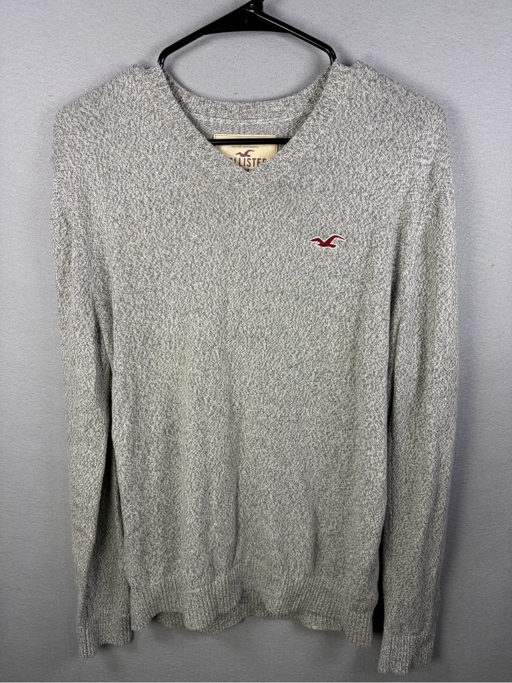 Hollister Vintage Y2K Gray V-Neck Sweater with Red Logo